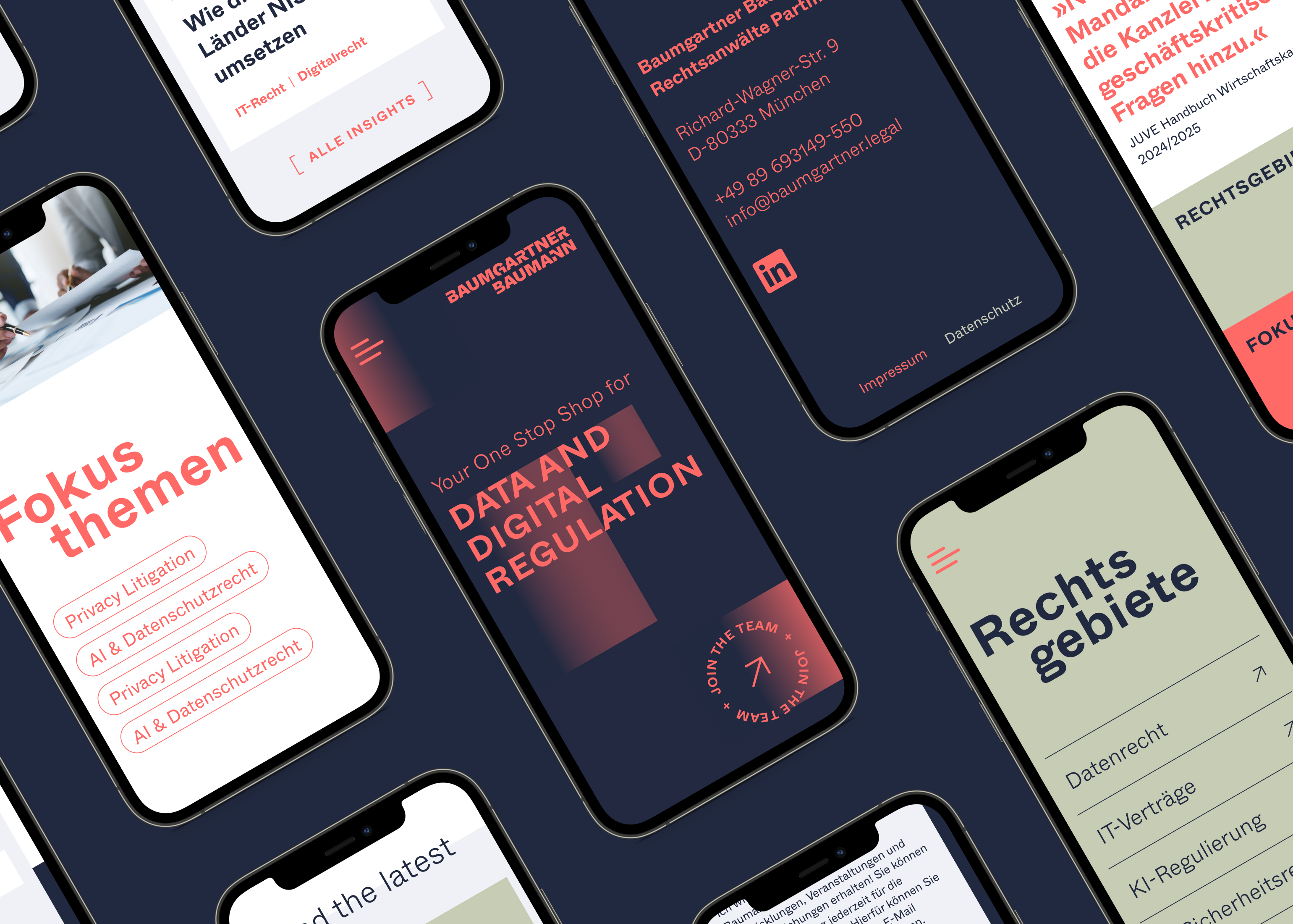 Mehrere Smartphones, welche mobile Ansichten der Website von Baumgartner Baumann zeigen