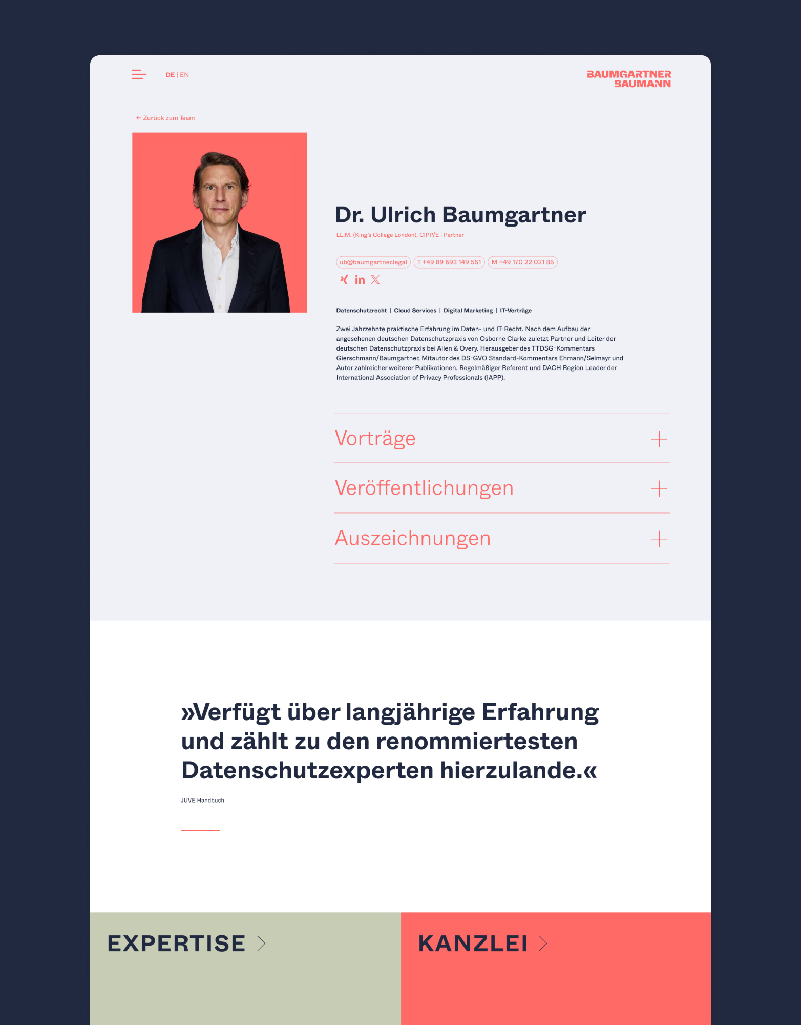 Unterseite eines Teammitglieds auf der Website von Baumgartner Baumann